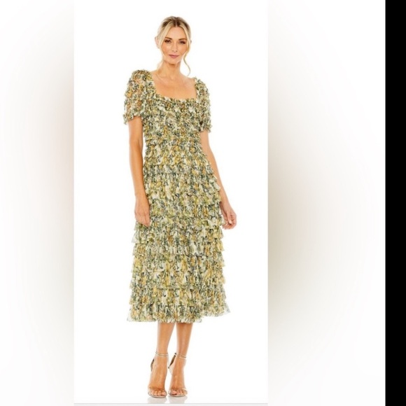 Mac Duggal #8232 Yellow Green Short Sleeve Ruffle Tea Length Dress Sz 4 NWT - Picture 1 of 16